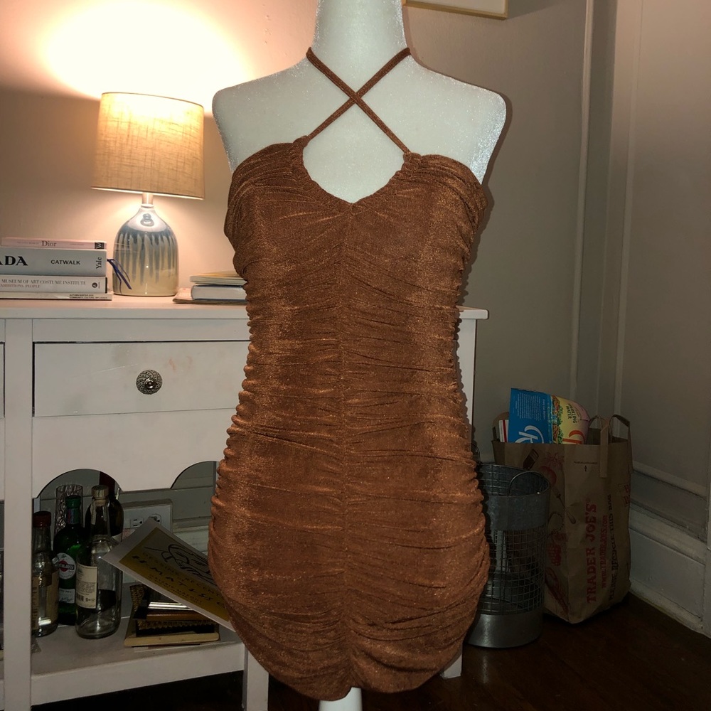 BROWN RUSCHED GLASSONS HALTER MINI DRESS